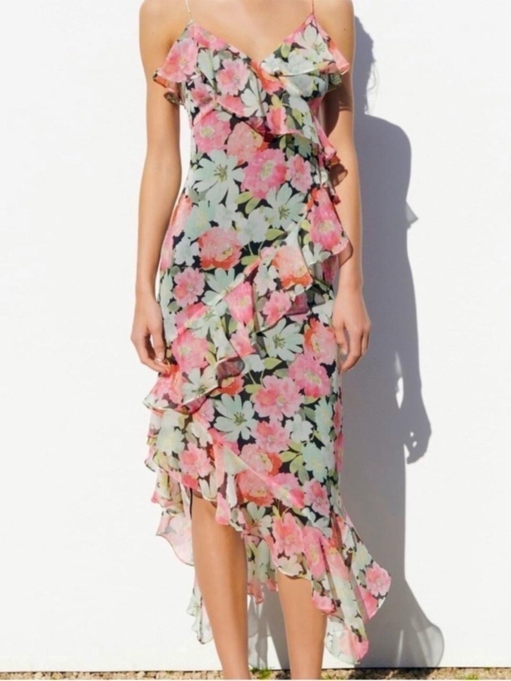 Zara Floral Print Ruffle Asymmetrical Sleeveless Midi Dress